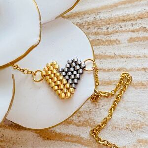 Hand Beaded Gold & Silver Seed Bead Heart Necklace NWT